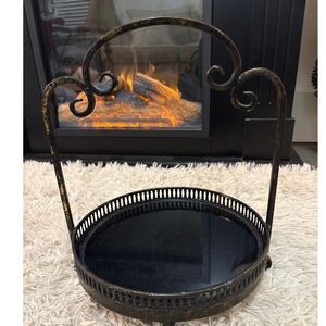 Vintage 1950's French Black Cooper Tiered Marble bottom Cake Stand w/‎ Handle